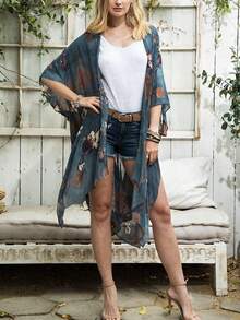 Women Batik Printed Batwing Sleeve Kimono Cover Up For Vacation Summer