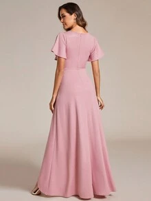 Elegant Ruffle Sleeve V-Neck Shiny Fabric Bridesmaid Dress - Pink - View 2