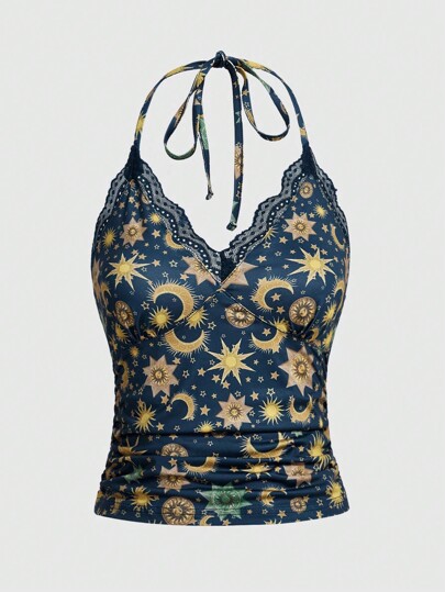 Hippie Queen Of Stars & Sun & Moon Pattern Halter Top With Gathered Waistband - Can Be Worn As A Neck Hanging Or Waist Belted Shirt