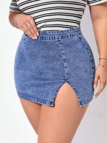 EMERY ROSE 女士加大號高腰側面開衩緊身牛仔裙,藍色 - 中等水洗藍 - 查看 6