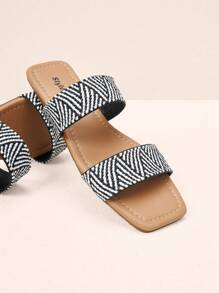 Styleloop Quý cô Đen Và Trắng Sọc Chóp giầy hình vuông Chóp giầy mở ra Bằng phẳng Mở ngón chân Dép đi trong nhà - màu đen - Xem 2