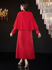 Modelyn Women's Plain Twist Knot Shawl Collar Dress With Rhinestone & Tassel Decoration Long Evening Dresses Fall Cloth For Women - Red - View 2