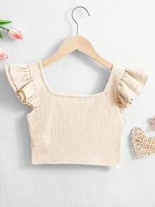 SHEIN Tween Girls' Solid Color Square Neck Cropped T-Shirt With Ruffle Hem For Vacation
