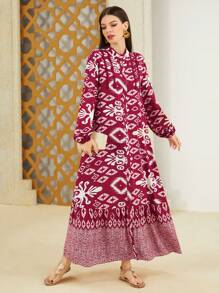 Al Najma Geometric Patterned Abaya Dress With Ruffled Hem - Multicolor - View 6