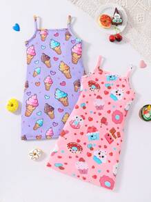 SHEIN Váy không tay in hình bánh rán ngọt ngào & kem cho cô gái trẻ cho mùa hè - Nhiều màu - Xem 1