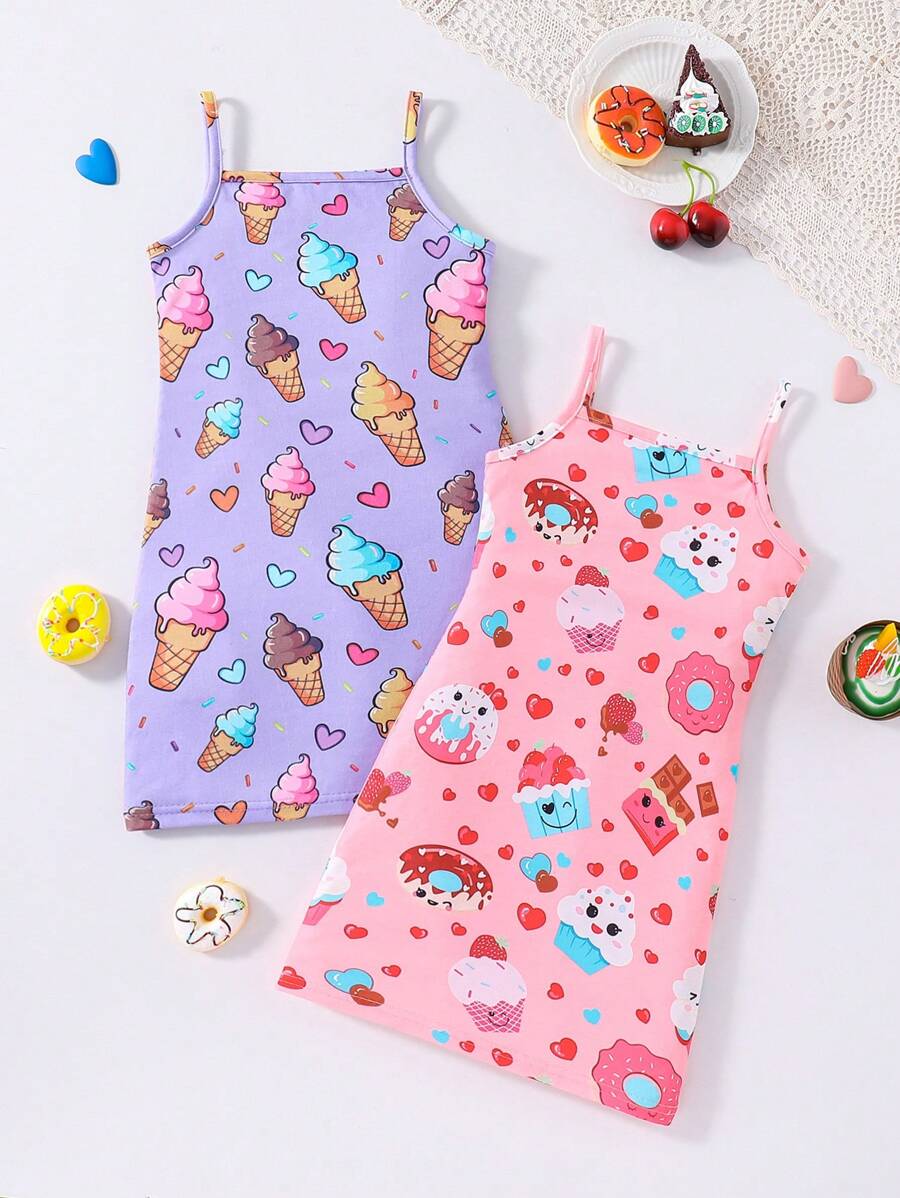 SHEIN Váy không tay in hình bánh rán ngọt ngào & kem cho cô gái trẻ cho mùa hè - Nhiều màu - Xem 1