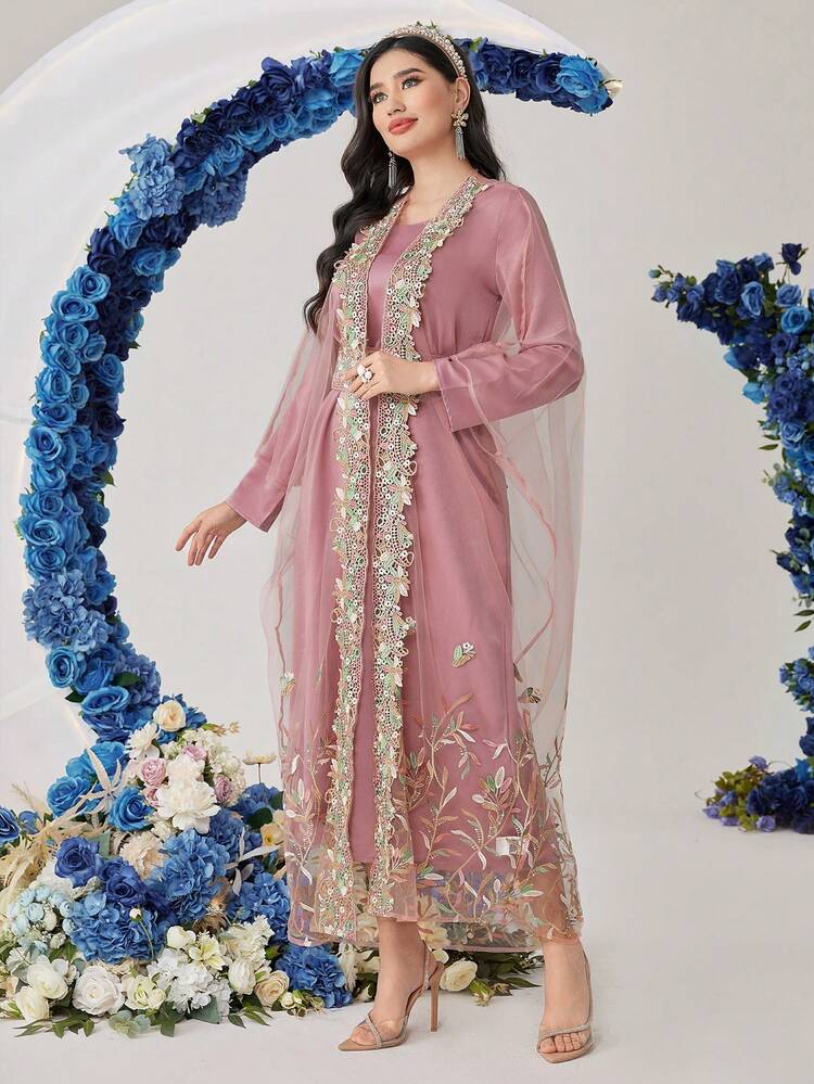 1set Women's Round Neck Long Sleeve Dress And Embroidered Mesh Jacket 2 Piece Set Fall Cloth For Women