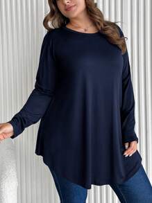 SHEIN Cottnline Plus Size Solid Color Arc Hem T-Shirt - Navy Blue - View 1
