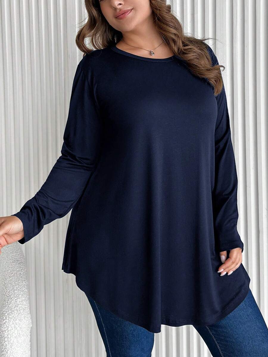 SHEIN Cottnline Plus Size Solid Color Arc Hem T-Shirt - Navy Blue - View 1