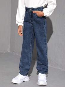 SHEIN Tween Girl'S Sun Face Print Denim Pants - Dark Wash - View 6