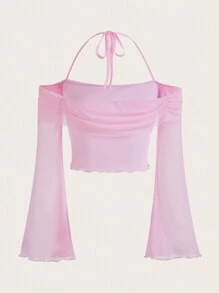 SHEIN ICON 素色褶邊繞頸喇叭袖木耳邊網紗上衣 - 粉色 - 查看 2