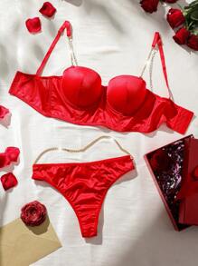 SHEIN Ladies' Chain Decor Sexy Lingerie Set - Red - View 5