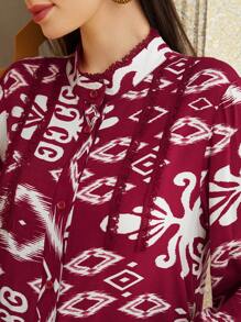 Al Najma Geometric Patterned Abaya Dress With Ruffled Hem - Multicolor - View 7