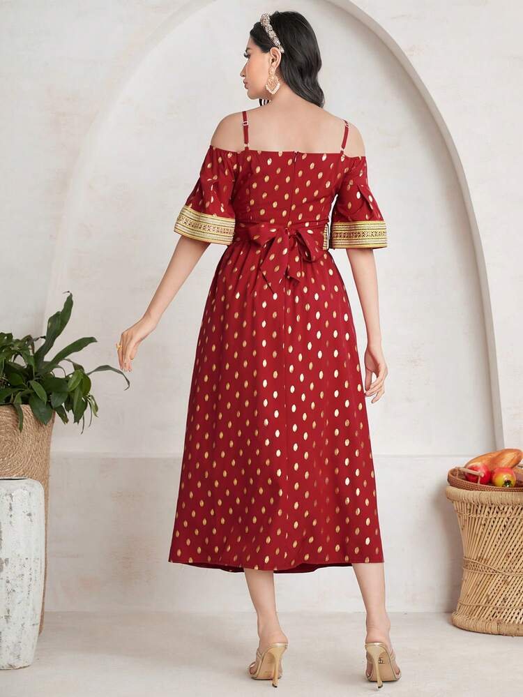 Women's Hollow Out Shoulder Flare Sleeves Color Block Embroidery Paneled Dress, Elegant Evening Party Dress
