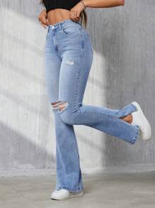 SHEIN Tall High-Waist Flared Jeans With Distressed Details - Light Wash - View 1