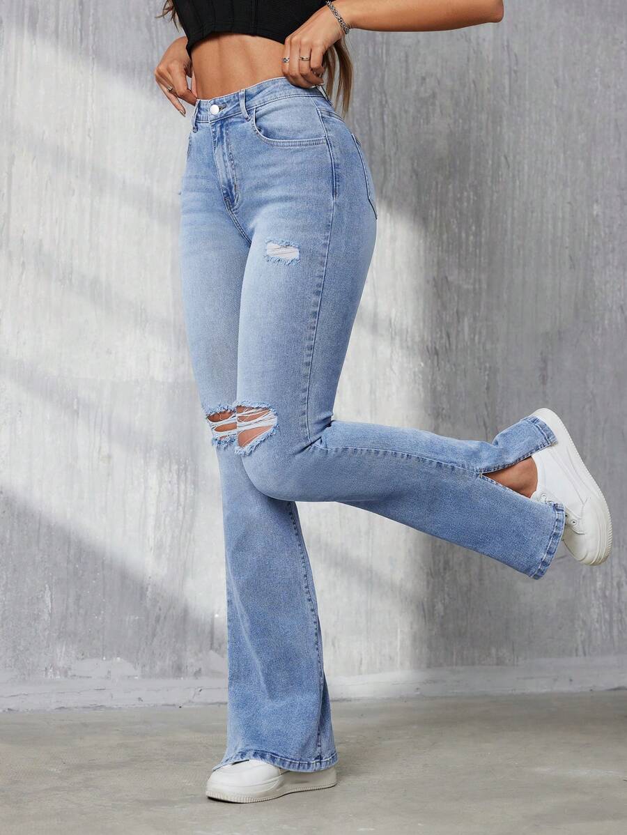 SHEIN Tall High-Waist Flared Jeans With Distressed Details - Light Wash - View 1