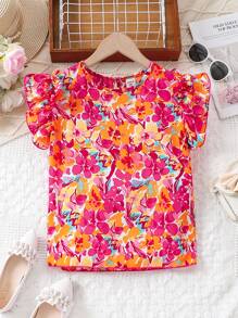 SHEIN Camiseta Con Cuello Redondo Y Ribete Festoneado Con Estampado Floral Para Niñas Preadolescentes