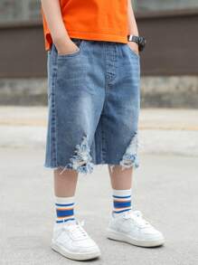 2024 Summer New Arrival Tween Boys' Denim Capri Pants, Distressed Design, Lightweight Style