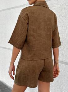 EURMUSE Frauen Zweiteilig Kurze Hose Mit Gürtel Und Hemd Set - Kamelfarben - Übersicht 2