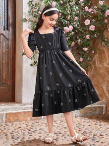 SHEIN 女童荷叶领半袖荷叶边花边连衣裙，母女同款服装（每件单独出售） - 黑色 - 查看 2