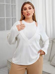 SHEIN Essnce Women'S Plus Size Rib-Knit Solid Color 2pcs/Set - White - View 5