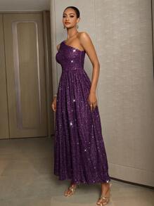 SHEIN Belle Sequined One Shoulder Ruched Slit Party Dress For Holiday Party Clothes - Purple - View 4
