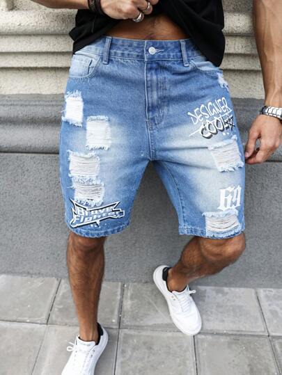 Manfinity LEGND 男式字母印花破洞牛仔短褲寬鬆束腰牛仔褲淺藍色度假搞笑饒舌歌手