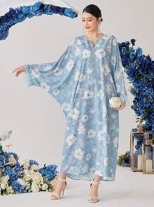 Al Najma Women's Fringed Sleeve Cuff Batwing Sleeve Dress With All-Over Floral Print