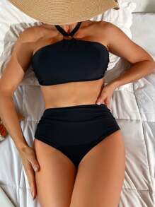 SHEIN Swim Ladies' Solid Color Halter Neck Two Pieces Bikini Set Summer Beach - Black - View 5