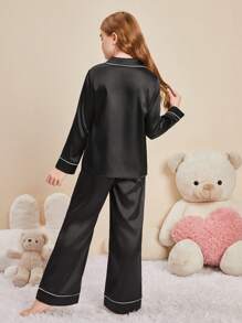 SHEIN Pijamas Para Niñas Preadolescentes Con Cuello De Rayas, Conjunto De Top De Manga Larga Y Pantalón Ancho - Negro - Ver 5