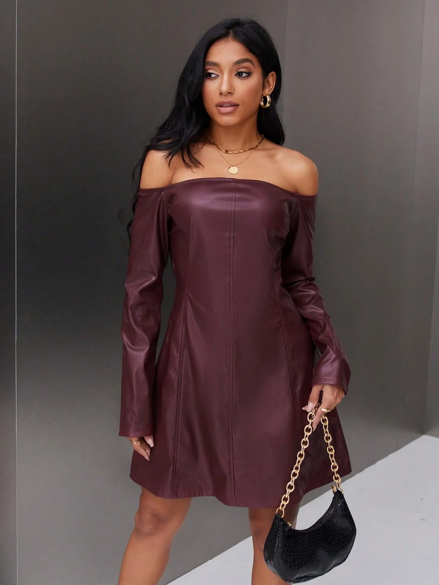 Aveloria 女性pu長袖連衣裙 - 中紫紅色 - 查看 1