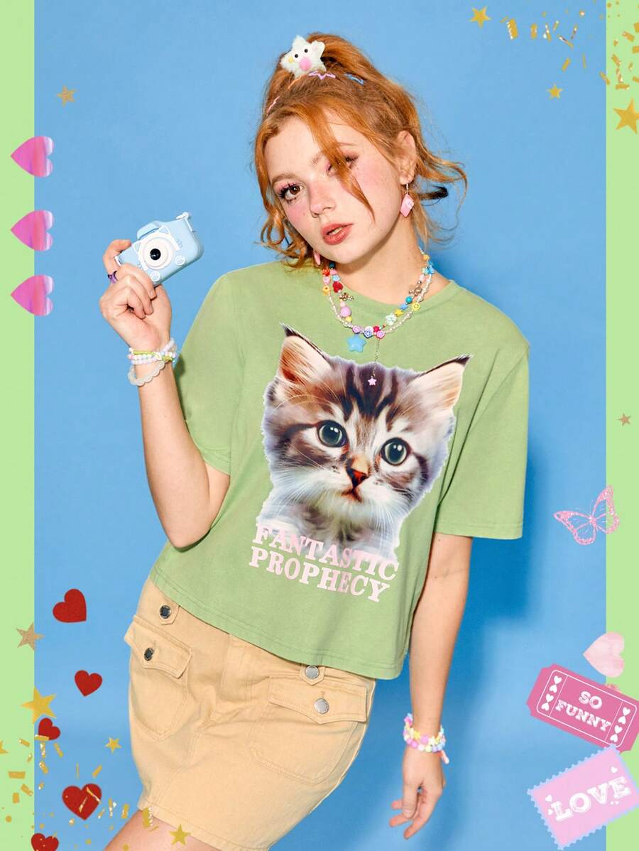SHEINNeu Women's Printed Cat & Slogan Pattern Round Neck Green Summer T-Shirt - Mint Green - View 1