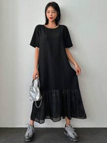 DAZY Short Sleeve Round Neck Ruffle Hem Dress Sundress - Black - View 6