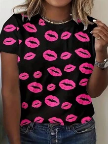 INAWLY Kích thước lớn Môi In Ngắn tay Áo thun - màu đen - Xem 1