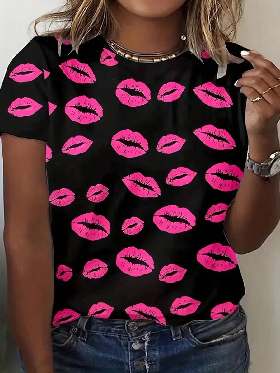 INAWLY Kích thước lớn Môi In Ngắn tay Áo thun - màu đen - Xem 1