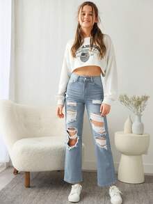SHEIN Thiếu niên cô gái Đau khổ Quần legging thẳng - Rửa nhẹ - Xem 5