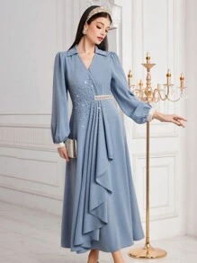 Modelyn 女士串珠细节灯笼袖连衣裙，优雅晚会礼服长款晚礼服 - 藍色 - 查看 1