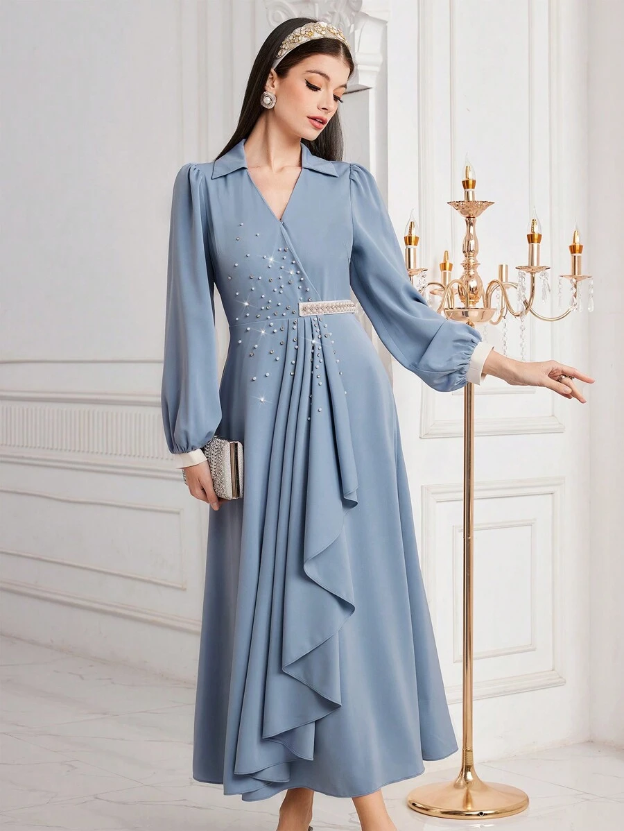 Modelyn 女士串珠细节灯笼袖连衣裙，优雅晚会礼服长款晚礼服 - 藍色 - 查看 1