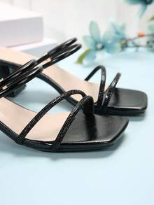 New Square Toe Thick Heel Sandals, Versatile High-End French Style Crystal Embellished High Heels For Commuting, Business And Daily Wear - Black - View 7