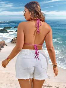 Flirla Plus Size Women's Halter Neck Cropped Knit Top Beach Tops - Black - View 2