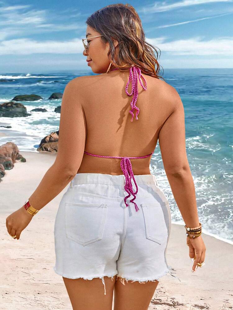 Plus Size Women's Halter Neck Cropped Knit Top Beach Tops