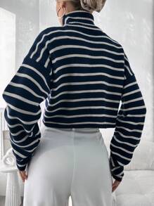 EURMUSE Women's Turtleneck Striped Cropped Sweater - Navy Blue - View 2
