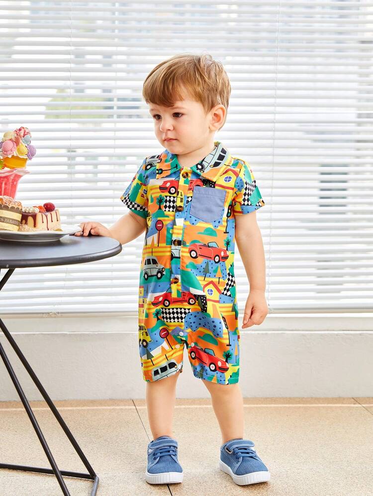 Baby Boys' Casual Colorful Car Pattern Printed Romper With Turn-Down Collar, Suitable For Spring/Summer Outdoor