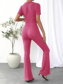 SHEIN Essnce Women's Solid Ribbed Knit Two Piece Set - Hot Pink - View 2