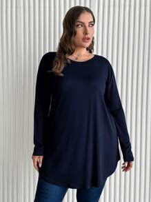 SHEIN Cottnline Plus Size Solid Color Arc Hem T-Shirt - Navy Blue - View 5