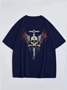 男士骷髏印花短袖t恤 - 藏蓝色 - 查看 1