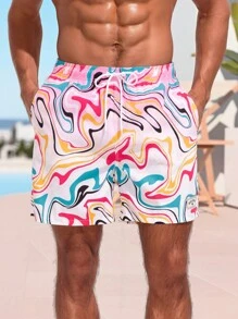 Surfspeed Men's Marble Print Drawstring Waist Beach Shorts - Pink - View 3