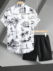 Manfinity RSRT Men's Resort-Casual Short-Sleeve Shirt And Shorts Set In Orange, Featuring A Vine-And-Floral Digital Print With Simple Linework. Designed With A Button-Front Closure, It's Perfect For Music Festivals, Hawaiian Beach Getaways, And Everyday Wear. It Also Makes A Great Gift For A Boyfriend Or Husband. Men's Short Sleeve Shirt And Shorts Summer Outfit Set, Fashionable ,Men Shorts Set ,Men Two Piece Outfits