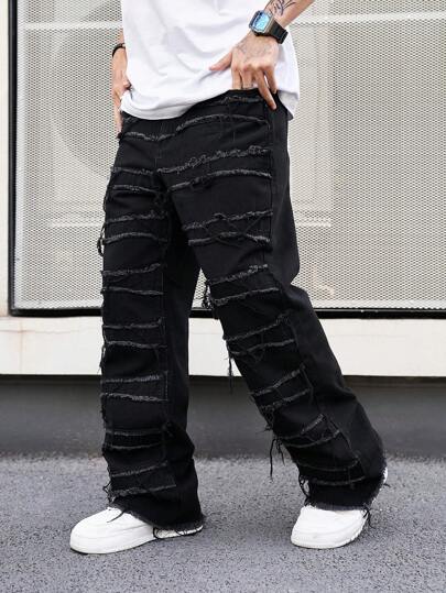 Manfinity ZONE917 Men's Straight Leg Jeans With Frayed Hem Plain Wide Jeans Long Baggy Plain Black Washed Cargo Jeans, For Husband, Boyfriend Gifts Going Out Hang Out Commute Work Street, Grunge