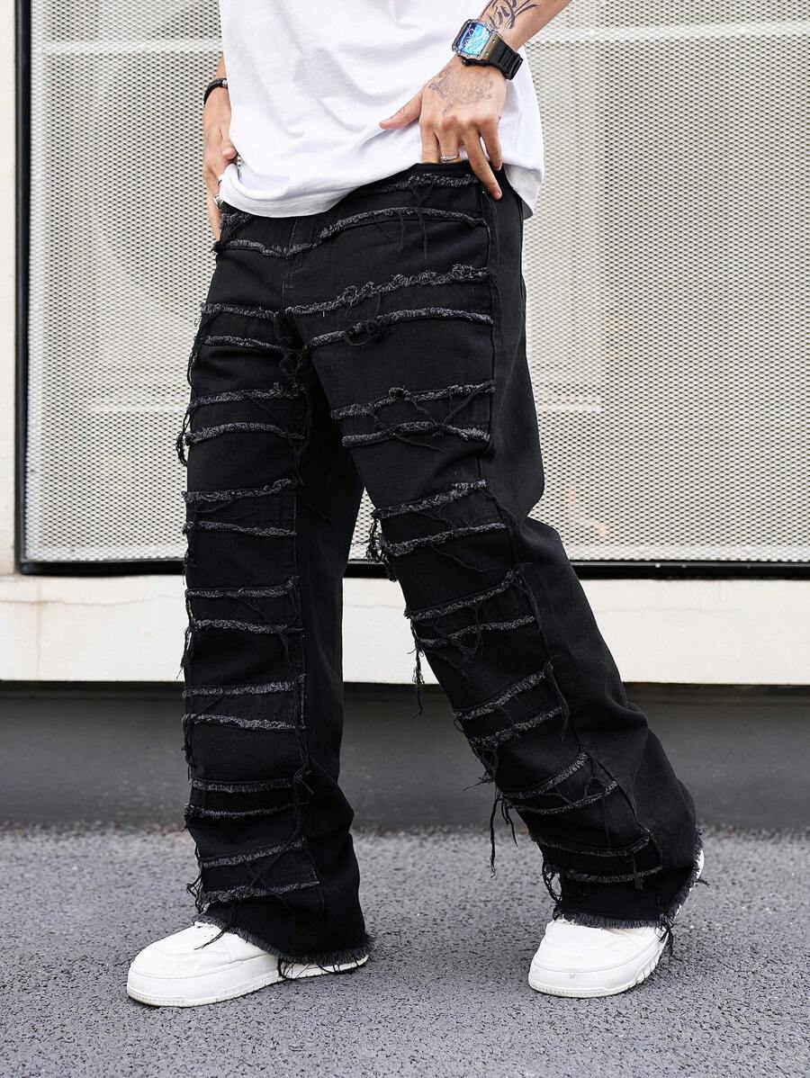 Manfinity ZONE917 Men's Straight Leg Jeans With Frayed Hem Plain Wide Jeans Long Baggy Plain Black Washed Cargo Jeans, For Husband, Boyfriend Gifts Going Out Hang Out Commute Work Street, Grunge
